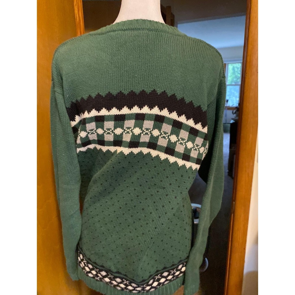 Vintage 1990s Fair Isle Sweater Nordic Green Cotton Small Rustic Cabin Heritage - Picture 3 of 5